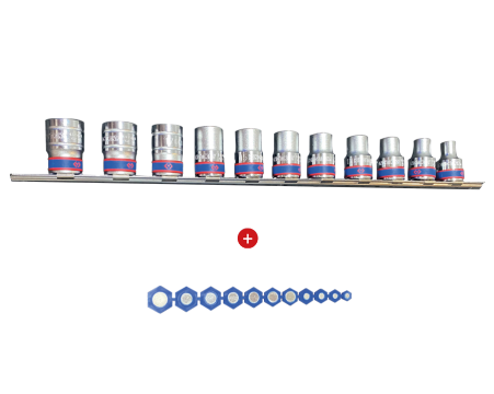 1/2' 11 Socket set on a rail with 11 Magnetic hexa