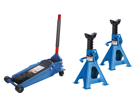 1 hydraulic trolley jack + 2 ratcheting axle stand